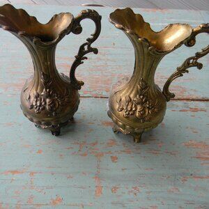 2 Vintage Italian Floral Embossed Metal Pitcher  Vase Decor Footed Italy 7" Tall